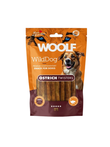 Woolf WildDog Ostrich Twister – Tyggegodbid med Struds & Oksehud – 100 g