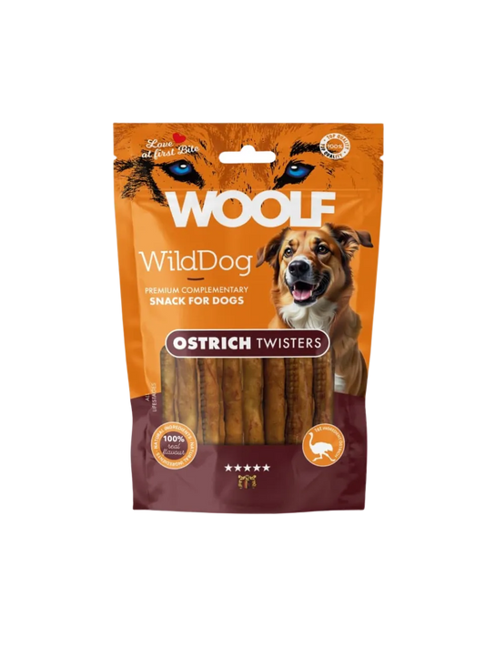 Woolf WildDog Ostrich Twister – Tyggegodbid med Struds & Oksehud – 100 g