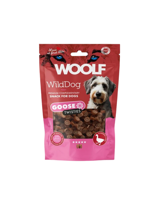 Woolf WildDod Twisties – Bløde Tyggegodbidder med Gås & Torsk – 100 g