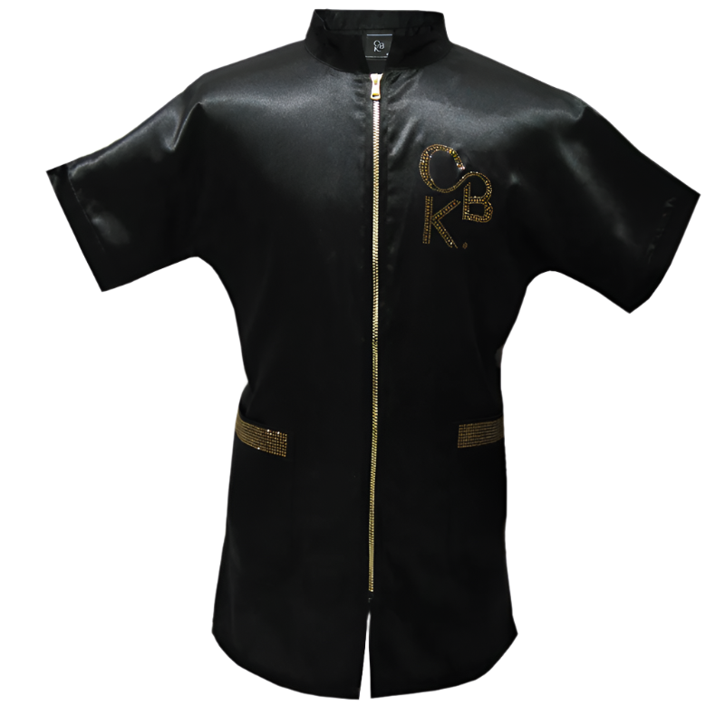 CBK grooming kittel, Sort satin model med bling