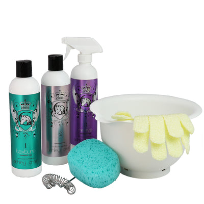 Ashley Craig Essentials startsæt duftfri med Texture, Bathe og Revive samt vaskeskål, svamp, vaskehandsker og piskeris. Kun hos GroomUs